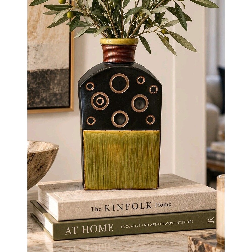 Modern Art Pottery Vase Black Olive Green Geometric Circle Sculptural Decor